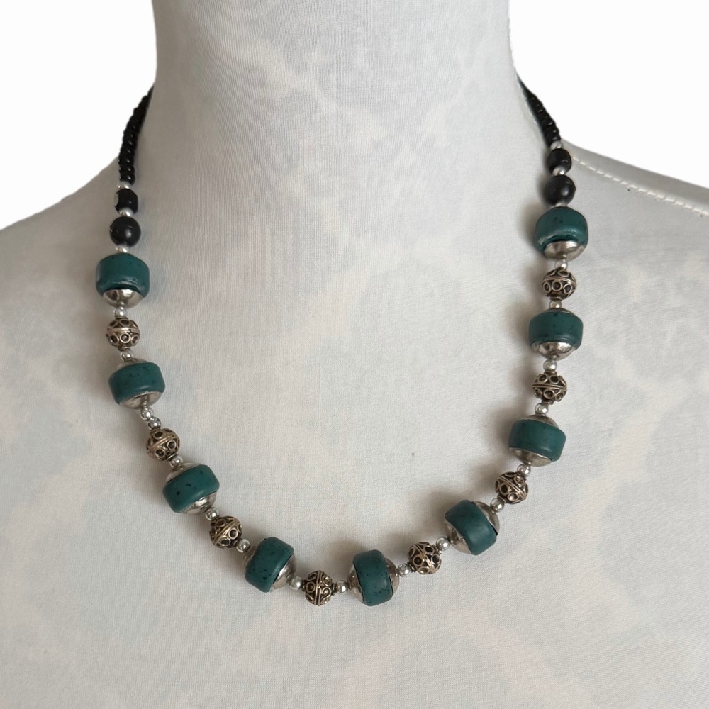 Turquoise & Silver Beaded Necklace | Boho Southwestern Statement